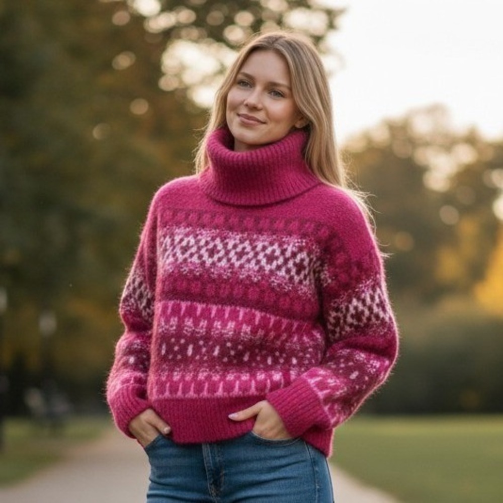 Universal Threads Chunky Cropped Fair Isle Turtleneck Sweater‎ Pink Burgundy MD